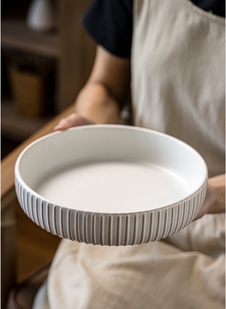 Set of 2 Ribbed Ceramic Deep Plates 8 Inch Matte White Shallow Bowls with Vertical Texture 1000ml Capacity Dishwasher & Microwave Safe Ideal for Pasta Salad and Modern Farmhouse Kitchen Tableware - Image 3